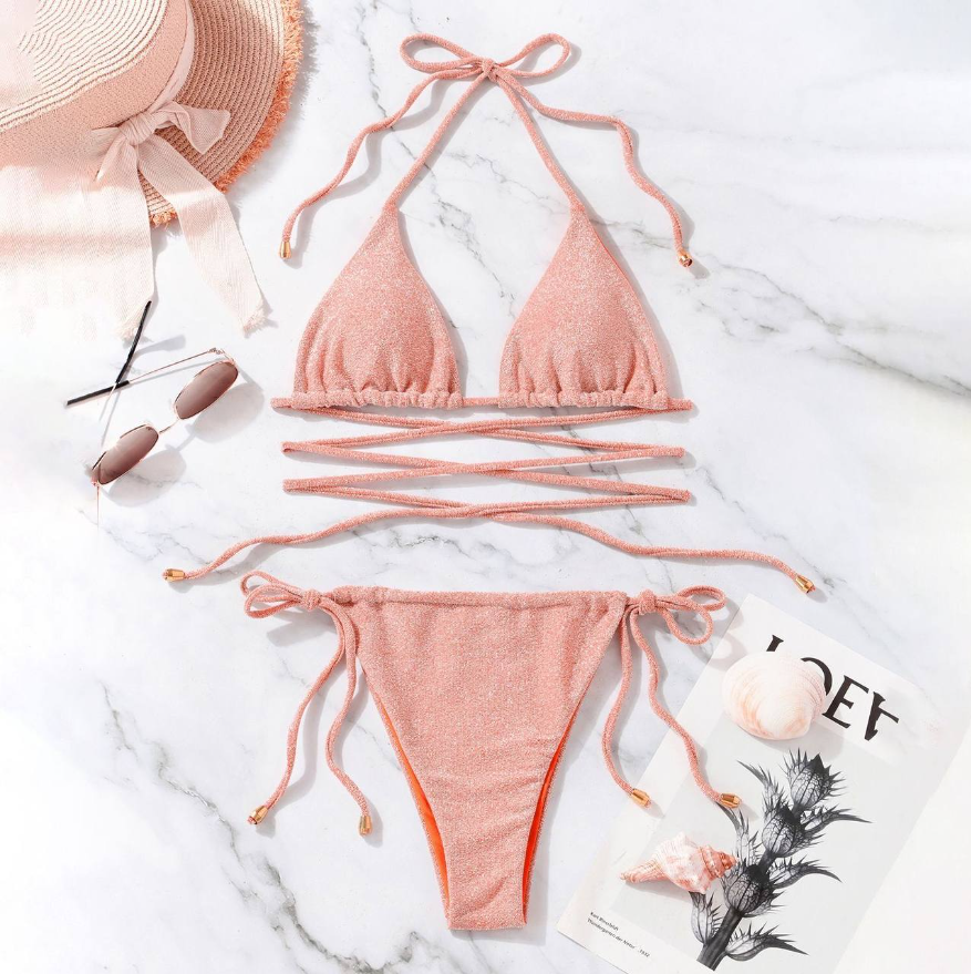 Pink Casual Bikini Set Silk/Cotton Top Spaghetti Straps